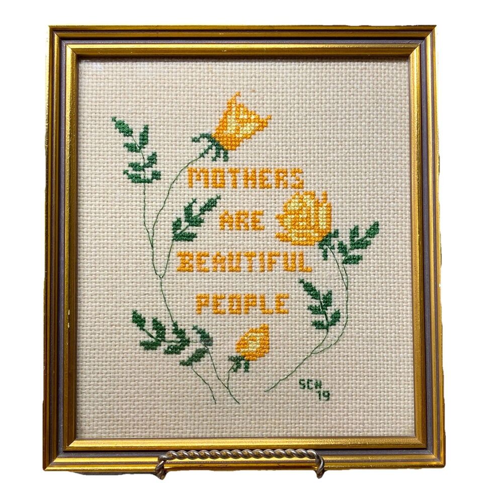 Vintage Cross Stitch Framed Art “Mothers Are Beautiful” Floral 1979